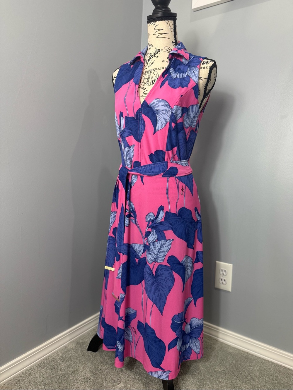 Tommy Hilfiger Hot Pink & Navy Floral Sleeveless Wrap Midi Dress